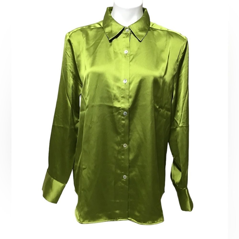 RACHEL Rachel Roy Green Satin along Sleeve Button Blouse New Size Large